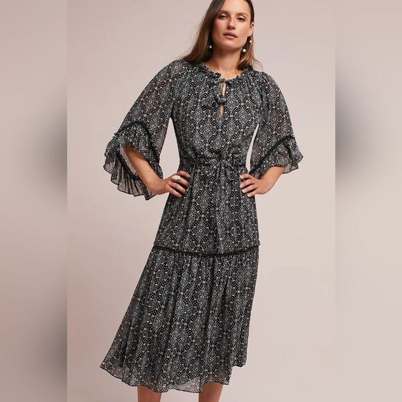 Misa Los Angeles Anthropologie Thale Drop Waist Boho Paisley Midi Dress Size L - Picture 1 of 11